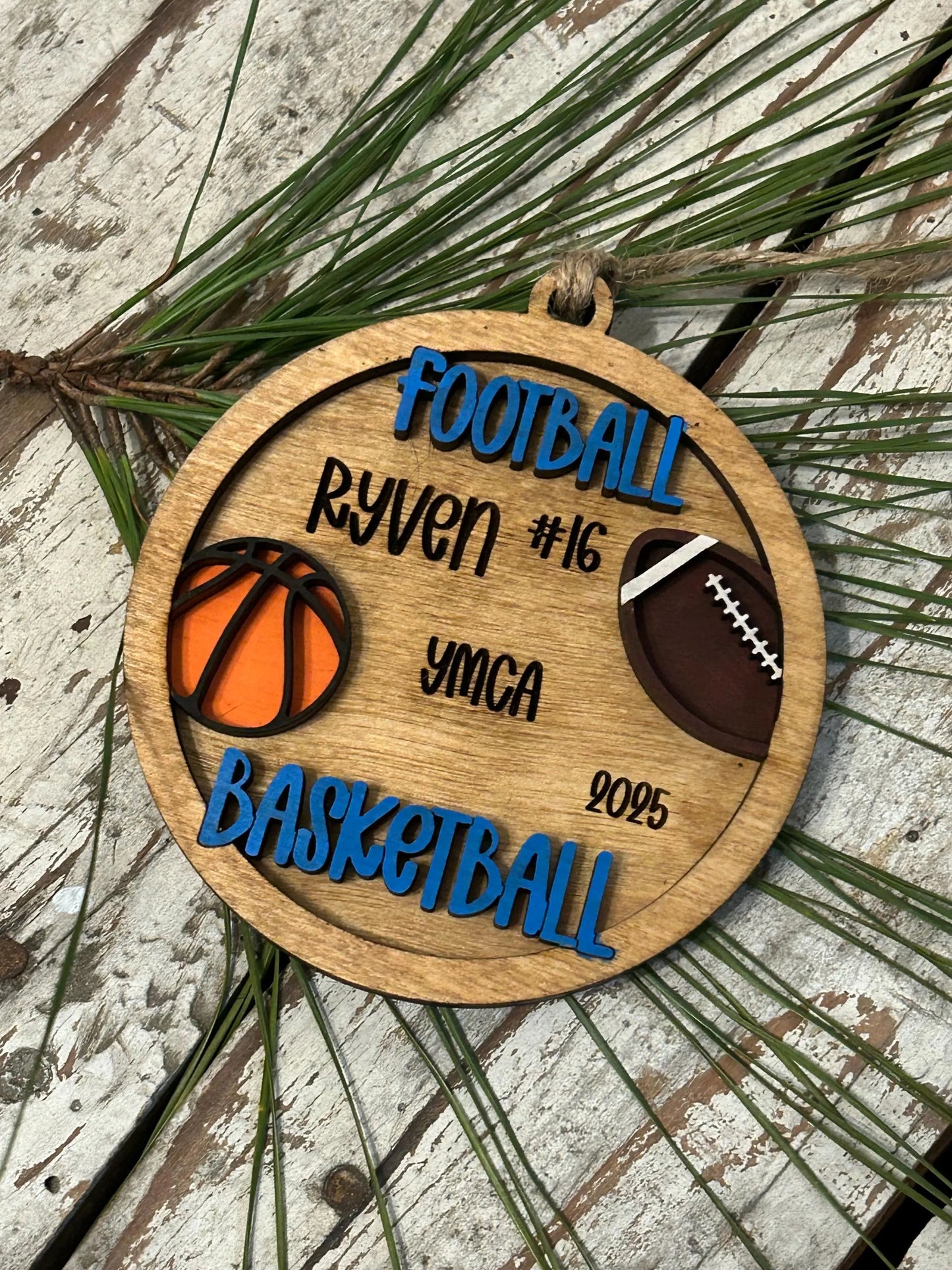 Personalized Basketball Football Player Christmas Tree Ornament | Gift for Multi Sport High School Athlete| Present for Senior in 2 Sports