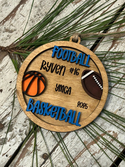 Personalized Basketball Football Player Christmas Tree Ornament | Gift for Multi Sport High School Athlete| Present for Senior in 2 Sports