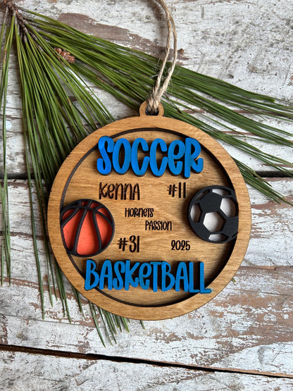Personalized Soccer Basketball Player Christmas Tree Ornament | Gift for Multi Sport High School Athlete| Senior Soccer Basketball 2 Sport