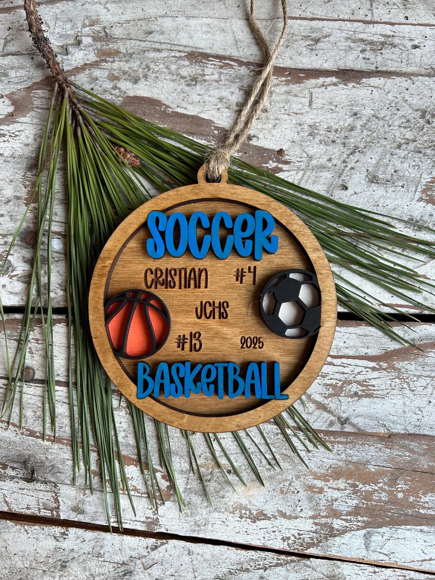 Personalized Soccer Basketball Player Christmas Tree Ornament | Gift for Multi Sport High School Athlete| Senior Soccer Basketball 2 Sport