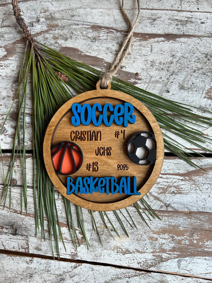 Personalized Soccer Basketball Player Christmas Tree Ornament | Gift for Multi Sport High School Athlete| Senior Soccer Basketball 2 Sport