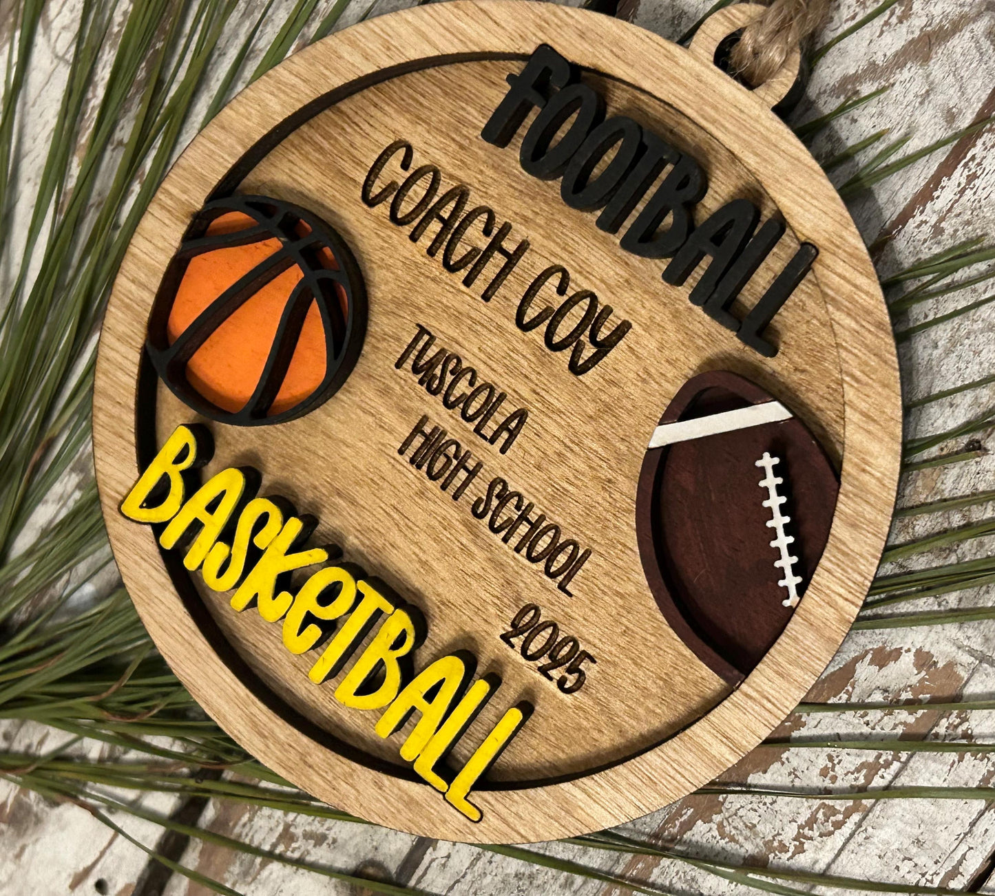 Personalized Basketball Football Player Christmas Tree Ornament | Gift for Multi Sport High School Athlete| Present for Senior in 2 Sports