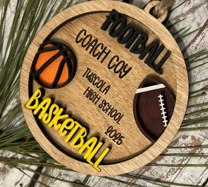 Personalized Basketball Football Player Christmas Tree Ornament | Gift for Multi Sport High School Athlete| Present for Senior in 2 Sports