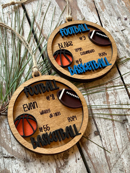 Personalized Basketball Football Player Christmas Tree Ornament | Gift for Multi Sport High School Athlete| Present for Senior in 2 Sports