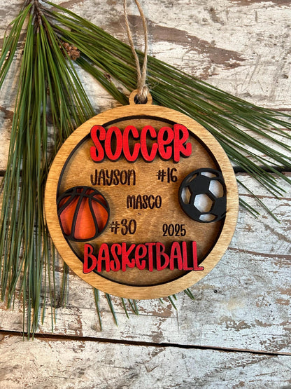 Personalized Soccer Basketball Player Christmas Tree Ornament | Gift for Multi Sport High School Athlete| Senior Soccer Basketball 2 Sport