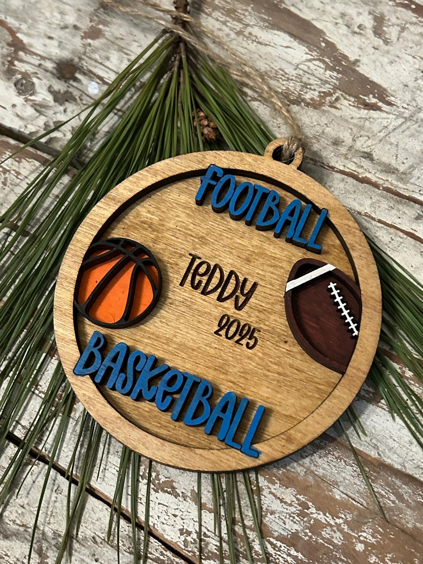 Personalized Basketball Football Player Christmas Tree Ornament | Gift for Multi Sport High School Athlete| Present for Senior in 2 Sports