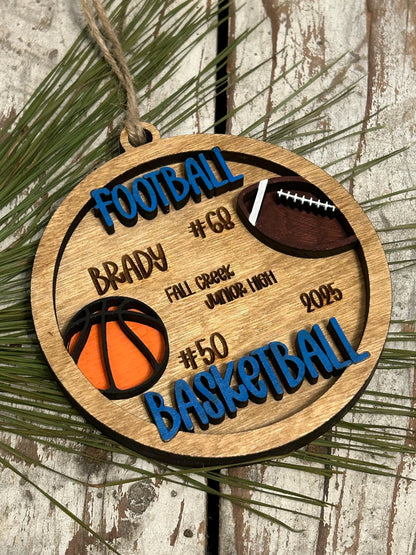 Personalized Basketball Football Player Christmas Tree Ornament | Gift for Multi Sport High School Athlete| Present for Senior in 2 Sports