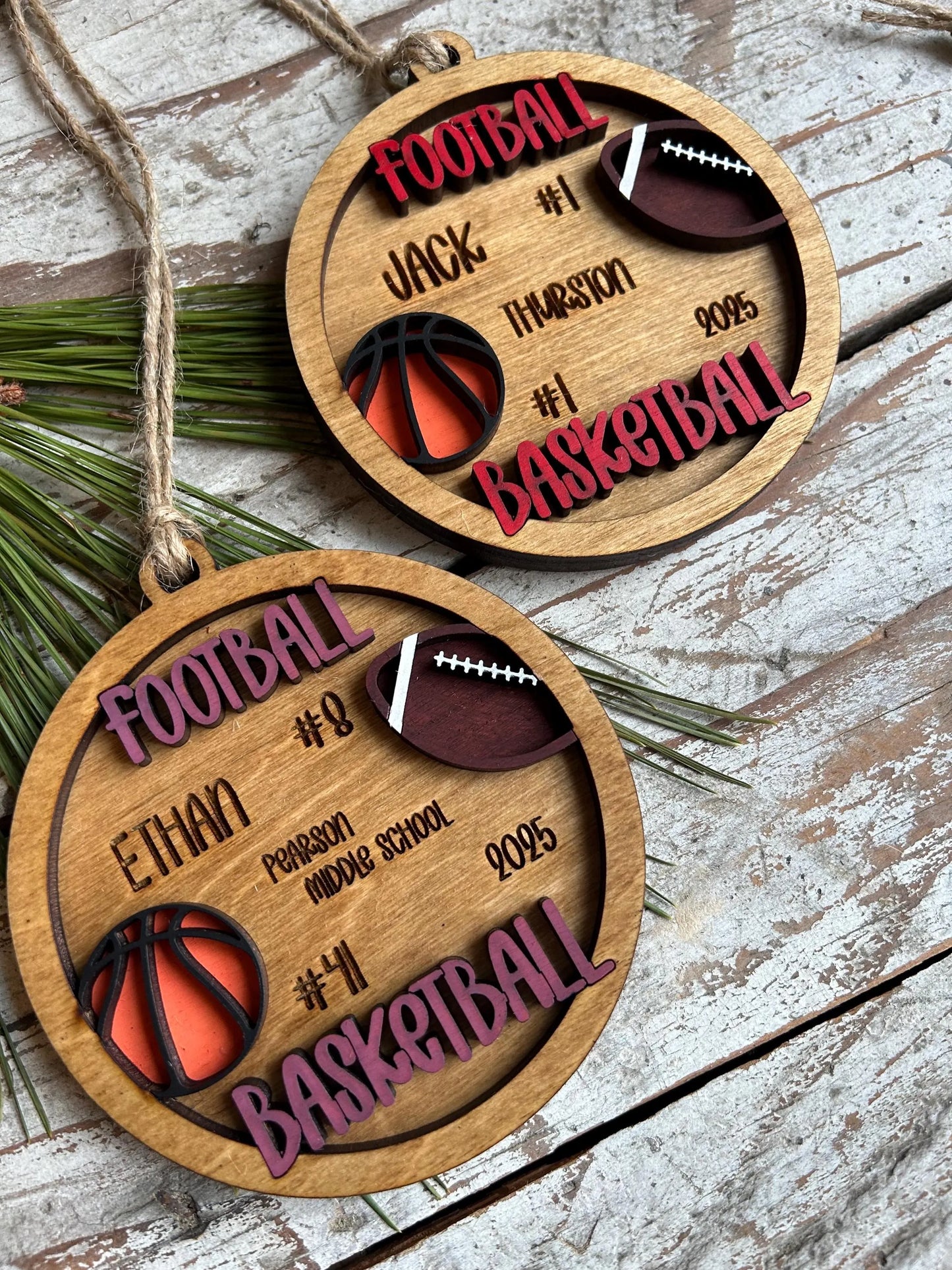 Personalized Basketball Football Player Christmas Tree Ornament | Gift for Multi Sport High School Athlete| Present for Senior in 2 Sports