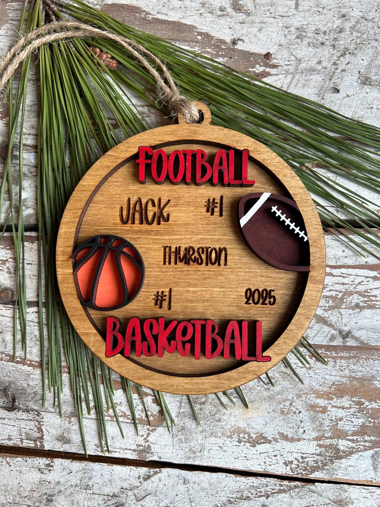 Personalized Basketball Football Player Christmas Tree Ornament | Gift for Multi Sport High School Athlete| Present for Senior in 2 Sports