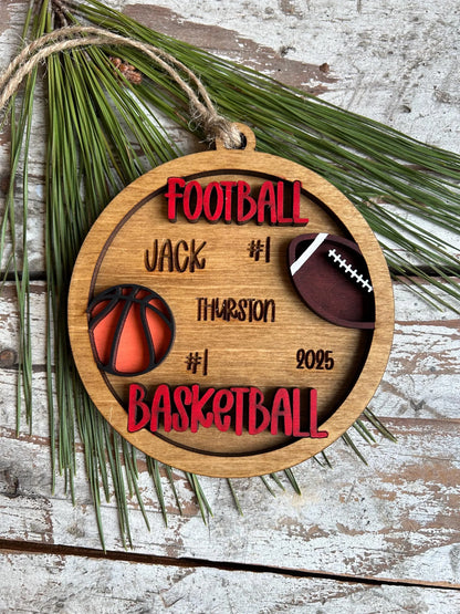 Personalized Basketball Football Player Christmas Tree Ornament | Gift for Multi Sport High School Athlete| Present for Senior in 2 Sports