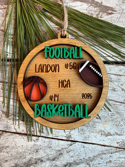Personalized Basketball Football Player Christmas Tree Ornament | Gift for Multi Sport High School Athlete| Present for Senior in 2 Sports