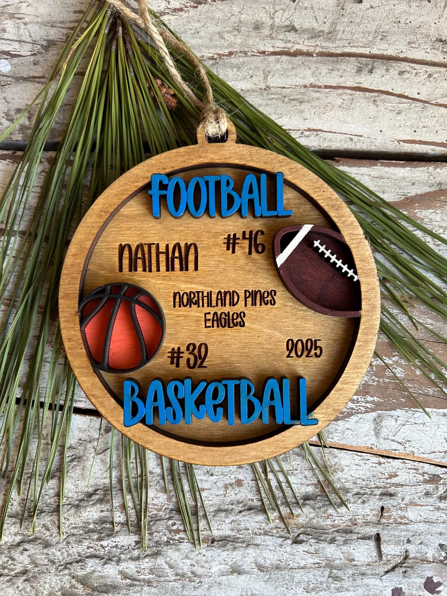 Personalized Basketball Football Player Christmas Tree Ornament | Gift for Multi Sport High School Athlete| Present for Senior in 2 Sports
