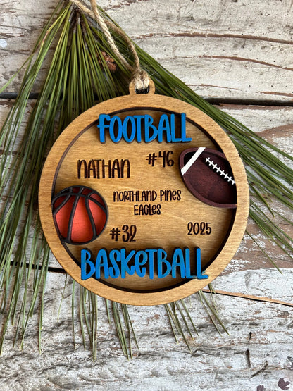 Personalized Basketball Football Player Christmas Tree Ornament | Gift for Multi Sport High School Athlete| Present for Senior in 2 Sports