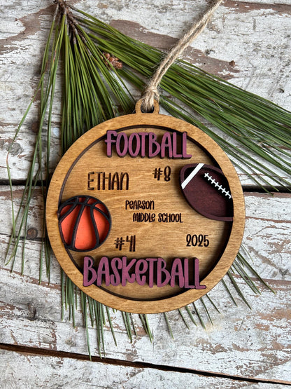 Personalized Basketball Football Player Christmas Tree Ornament | Gift for Multi Sport High School Athlete| Present for Senior in 2 Sports
