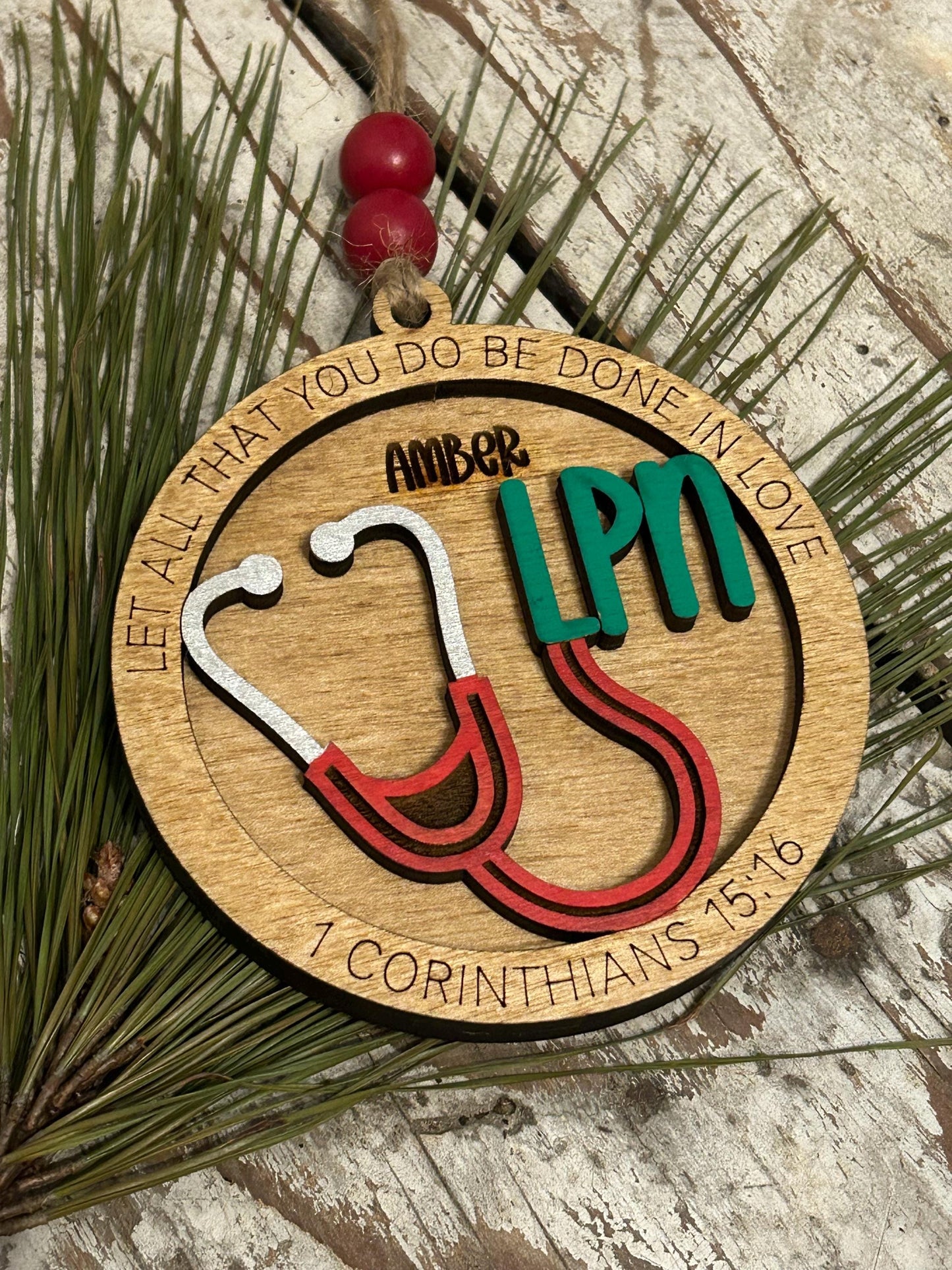 Personalized LPN Nurse Christmas Tree Ornament | Religious Gift for Nursing Graduate | Let All That You Do Be Done In Love 1 Cor 15:16