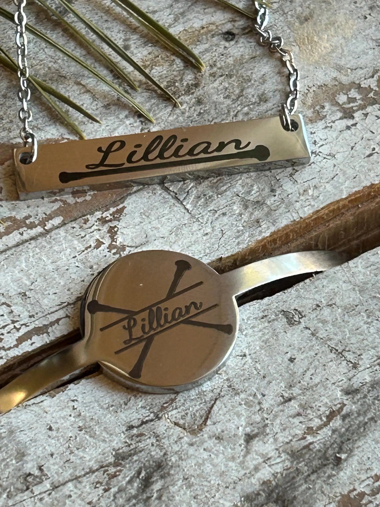 Personalized Baton Twirler Name Bar Necklace and Bracelet | Custom Majorette Gold Silver Jewelry Set | Feature Twirler College High School
