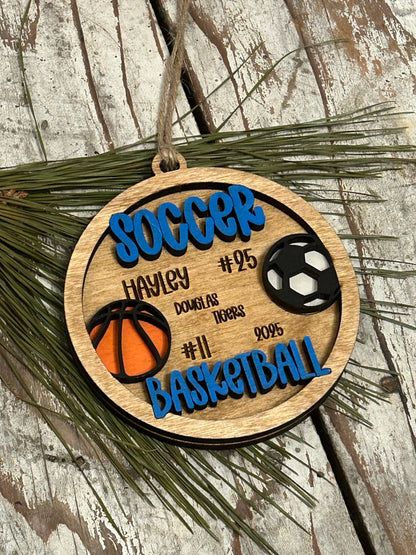 Personalized Soccer Basketball Player Christmas Tree Ornament | Gift for Multi Sport High School Athlete| Senior Soccer Basketball 2 Sport