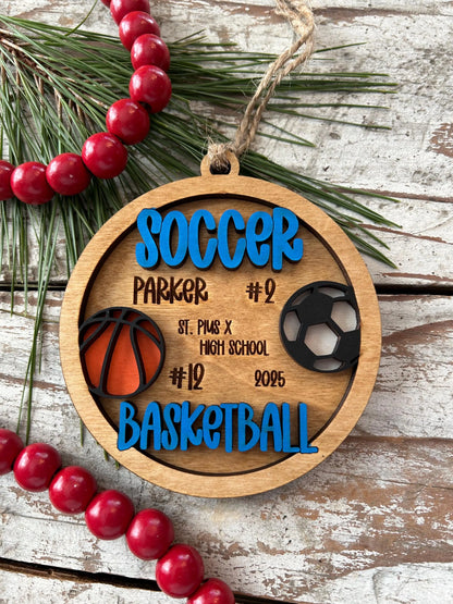 Personalized Soccer Basketball Player Christmas Tree Ornament | Gift for Multi Sport High School Athlete| Senior Soccer Basketball 2 Sport
