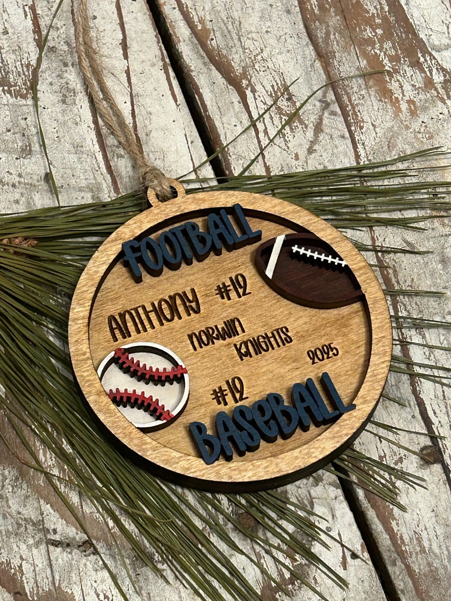 Personalized Baseball Football Player Christmas Tree Ornament | Gift for Multi Sport High School Athlete| Senior Baseball Football 2 Sport