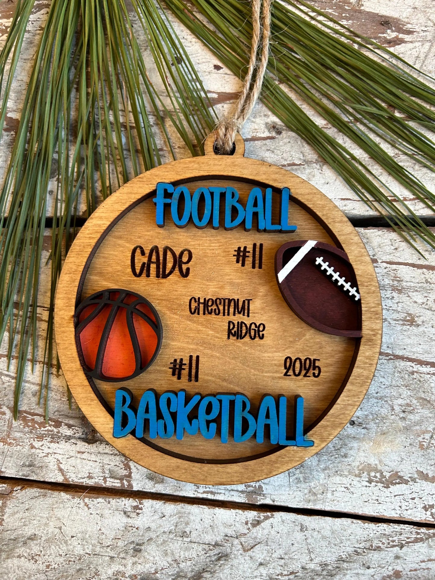 Personalized Basketball Football Player Christmas Tree Ornament | Gift for Multi Sport High School Athlete| Present for Senior in 2 Sports
