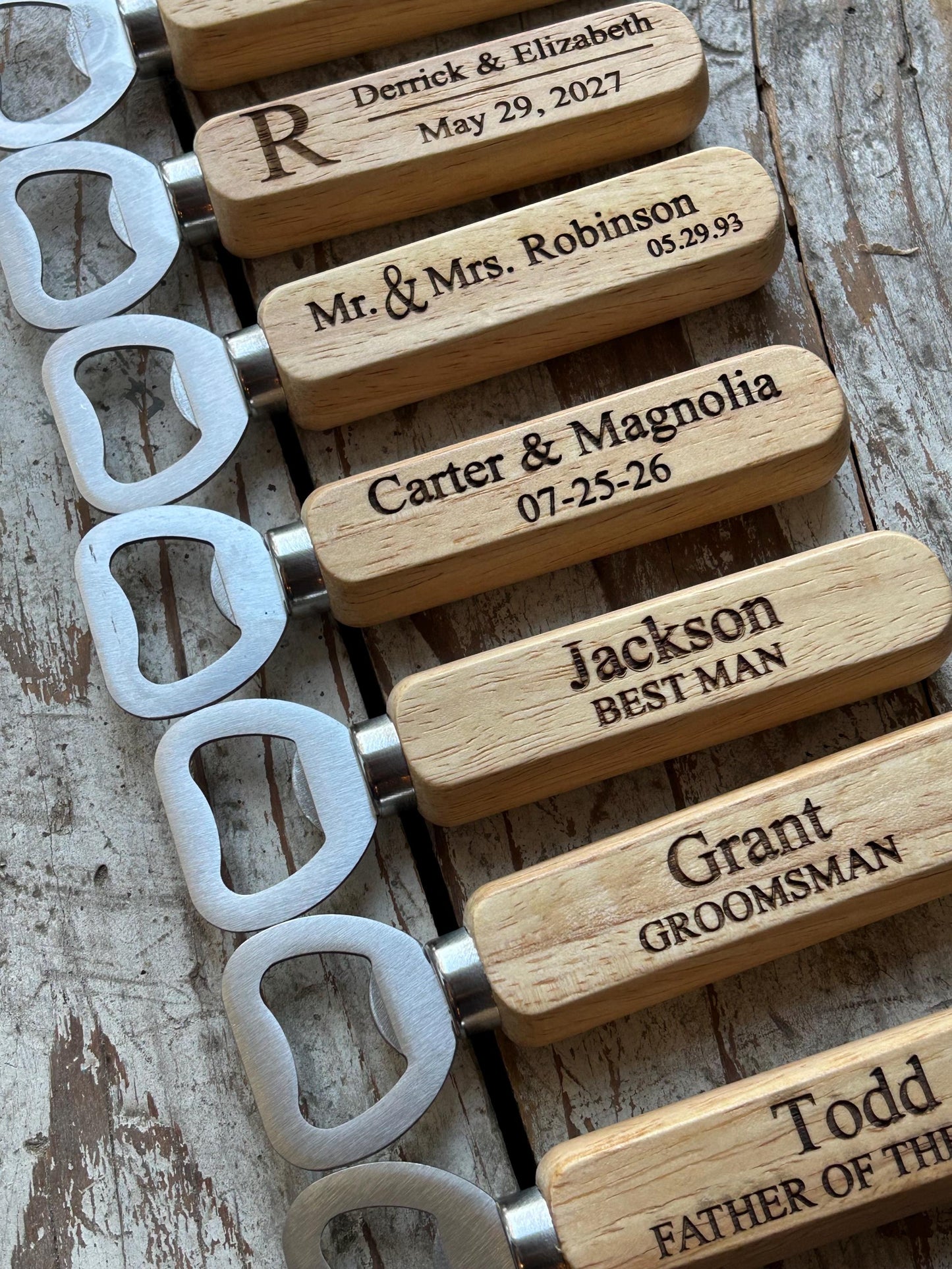 Personalized Wedding Wood Bottle Opener Favors | Custom Engraved Wooden Handle Beer Opener | Groomsmen Bachelorette Party Gift