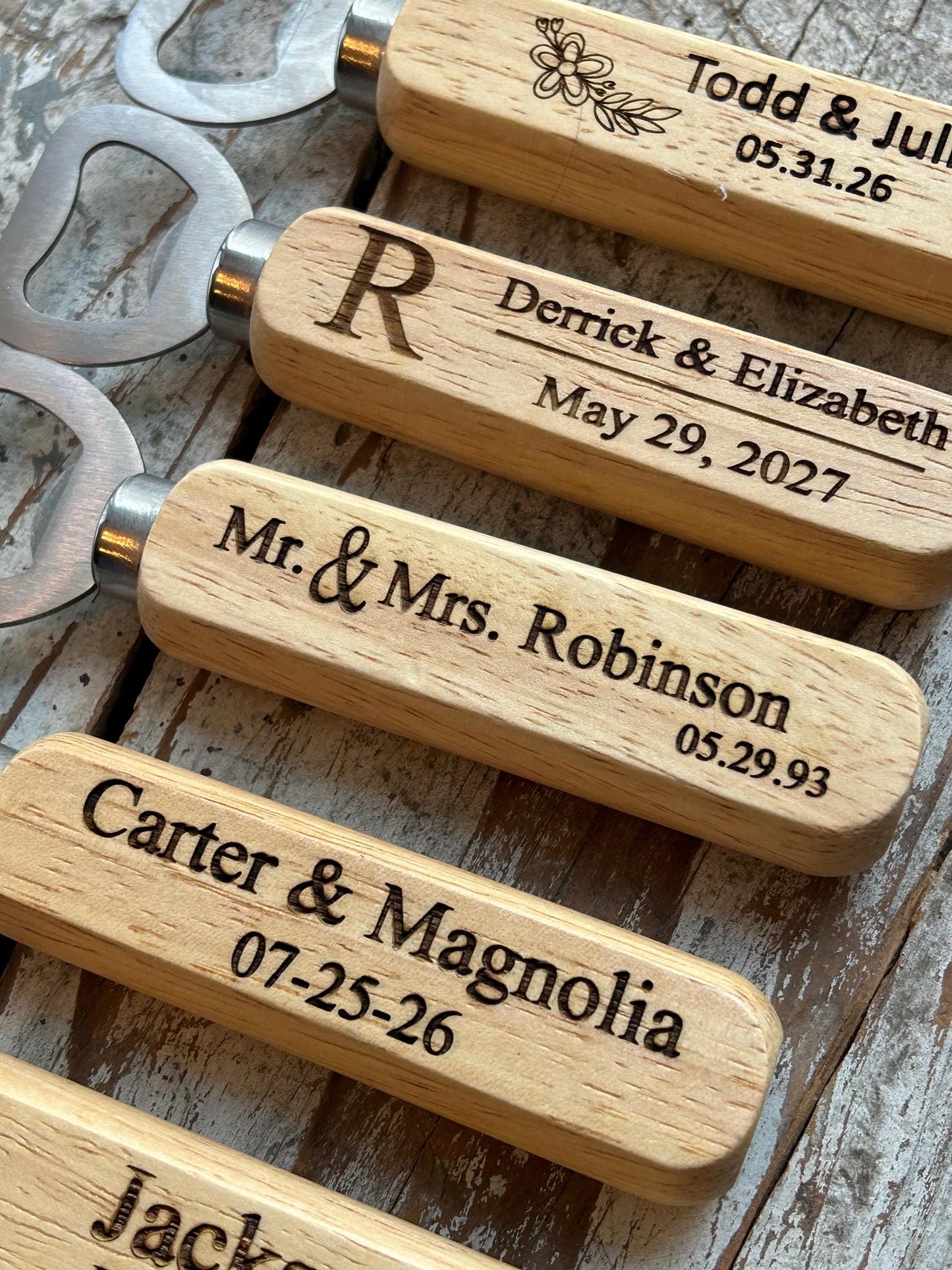 Personalized Wedding Wood Bottle Opener Favors | Custom Engraved Wooden Handle Beer Opener | Groomsmen Bachelorette Party Gift