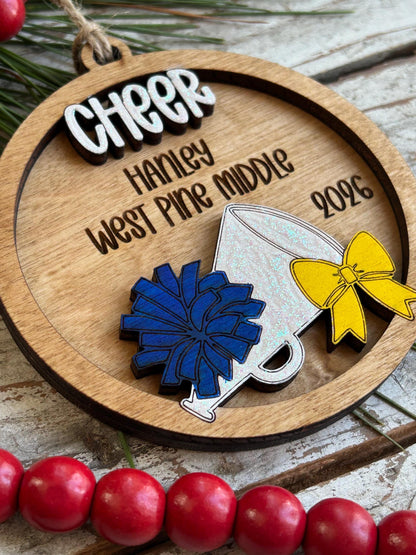 Personalized Cheerleader Cheer Christmas Tree Ornament | Gift for Varsity Cheerleading Team | Pom Pom Megaphone Coquette Bow | Senior Gift
