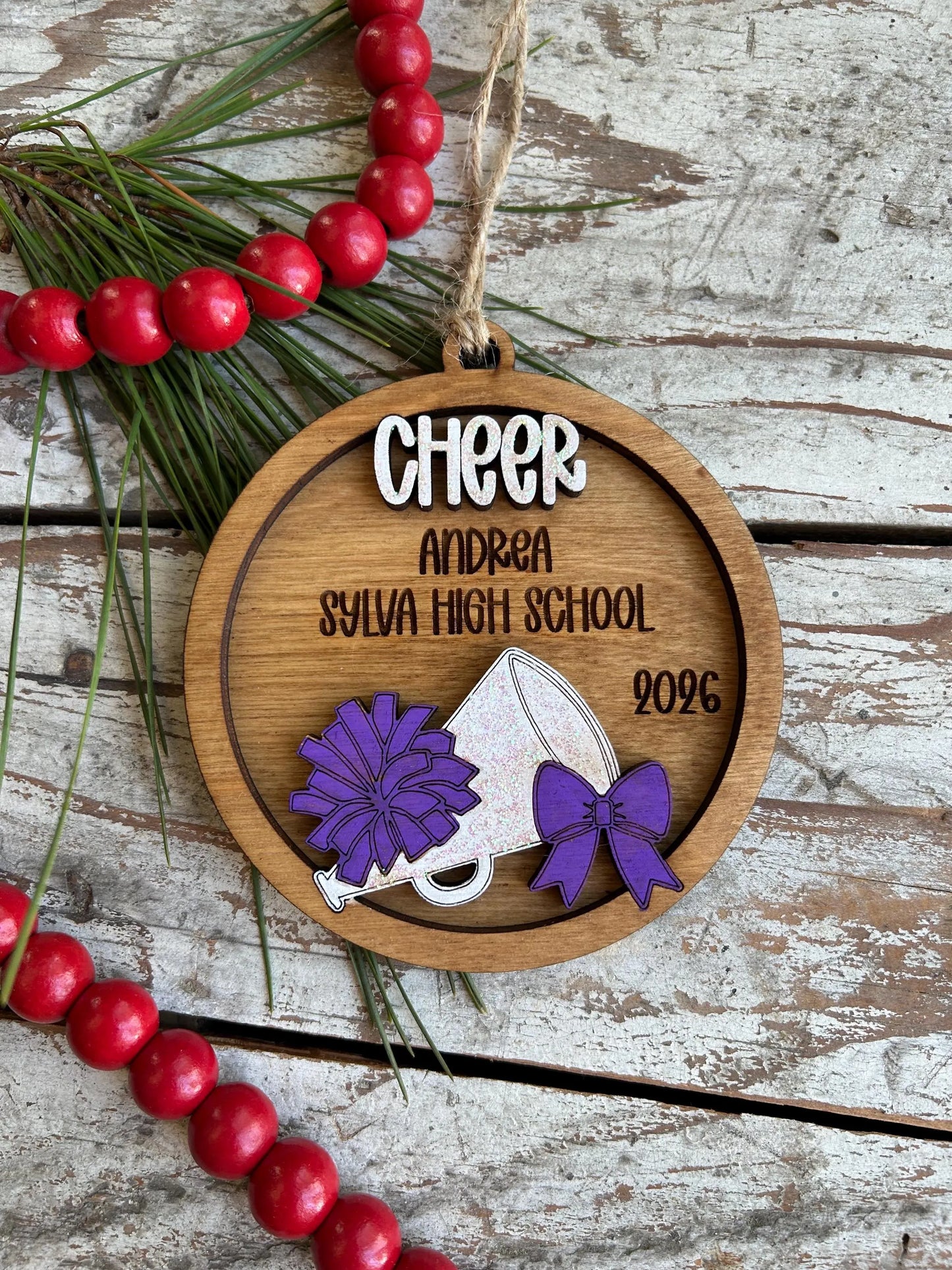Personalized Cheerleader Cheer Christmas Tree Ornament | Gift for Varsity Cheerleading Team | Pom Pom Megaphone Coquette Bow | Senior Gift