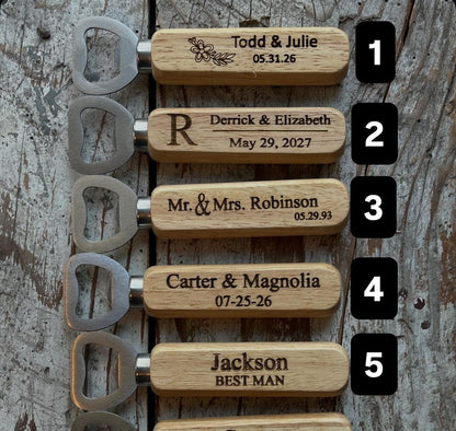 Personalized Wedding Wood Bottle Opener Favors | Custom Engraved Wooden Handle Beer Opener | Groomsmen Bachelorette Party Gift