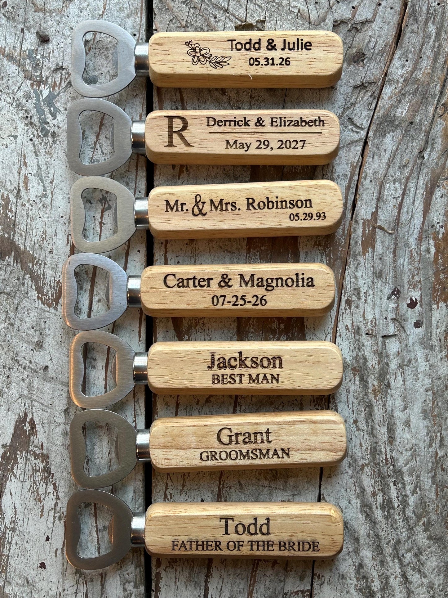 Personalized Wedding Wood Bottle Opener Favors | Custom Engraved Wooden Handle Beer Opener | Groomsmen Bachelorette Party Gift