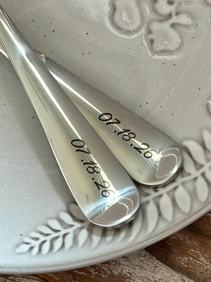 Personalized Mr. and Mrs. Wedding Day Forks | Bride and Groom Wedding Cake Utensil Set | Engraved Stainless Steel Dessert Fork