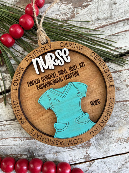Personalized Nurse and Scrubs Christmas Tree Ornament | Medical Office Nurse Appreciation Gift | RN LPN CNA Nurse Week Present
