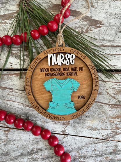 Personalized Nurse and Scrubs Christmas Tree Ornament | Medical Office Nurse Appreciation Gift | RN LPN CNA Nurse Week Present