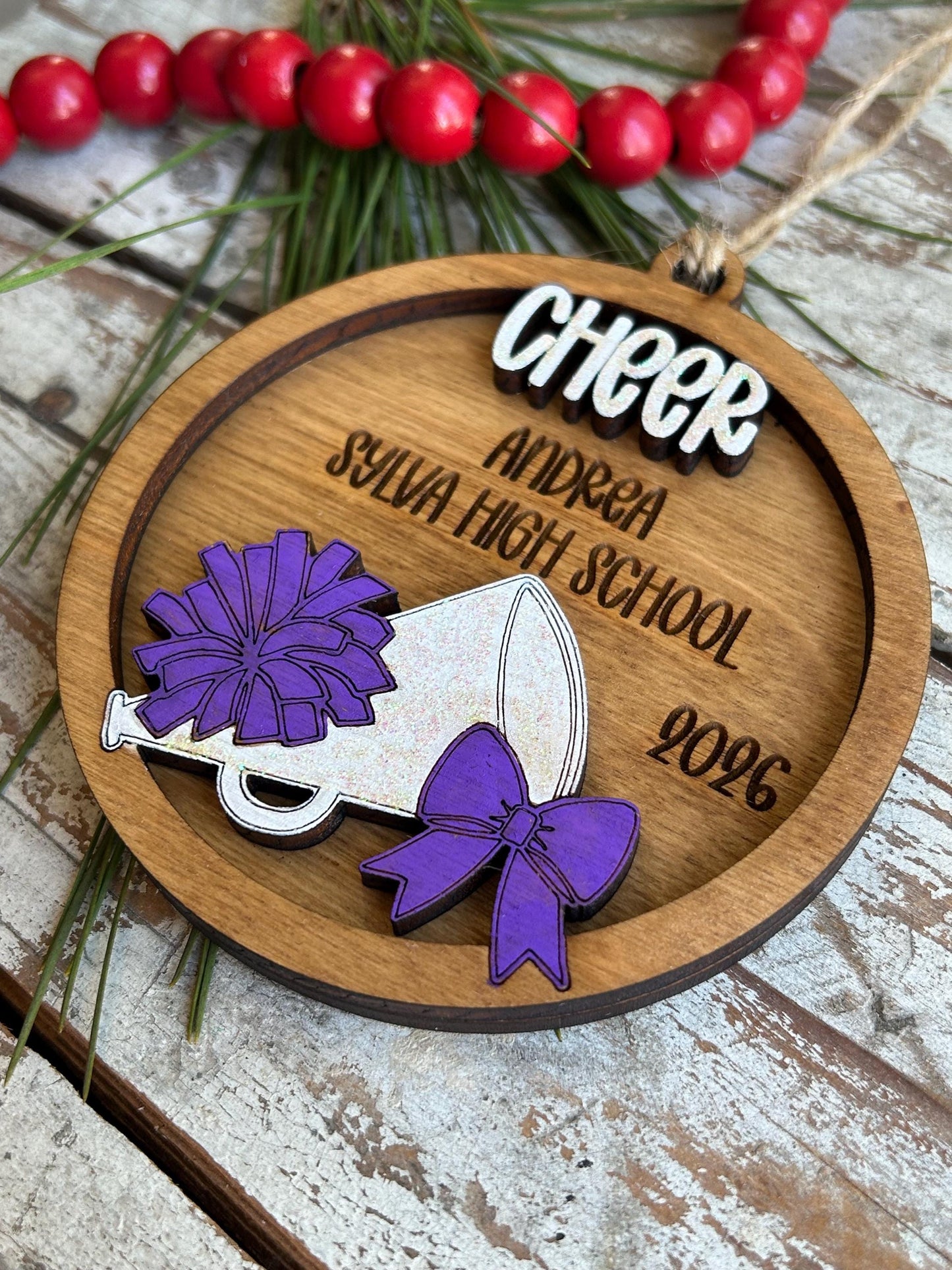 Personalized Cheerleader Cheer Christmas Tree Ornament | Gift for Varsity Cheerleading Team | Pom Pom Megaphone Coquette Bow | Senior Gift