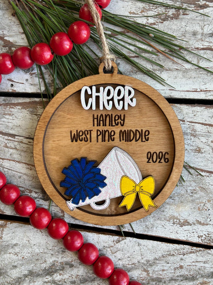 Personalized Cheerleader Cheer Christmas Tree Ornament | Gift for Varsity Cheerleading Team | Pom Pom Megaphone Coquette Bow | Senior Gift