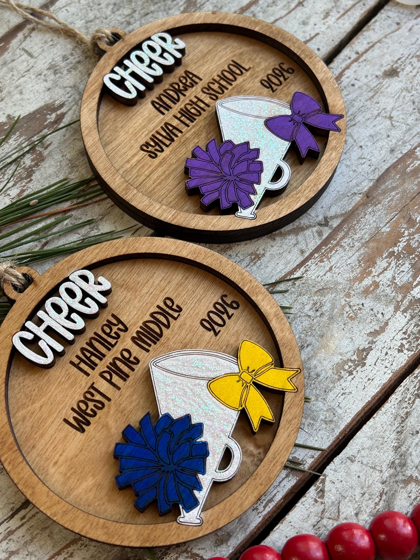 Personalized Cheerleader Cheer Christmas Tree Ornament | Gift for Varsity Cheerleading Team | Pom Pom Megaphone Coquette Bow | Senior Gift