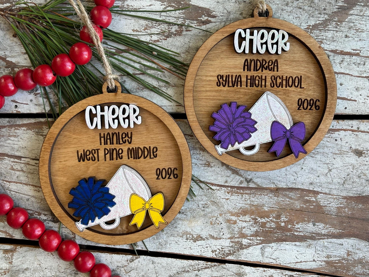 Personalized Cheerleader Cheer Christmas Tree Ornament | Gift for Varsity Cheerleading Team | Pom Pom Megaphone Coquette Bow | Senior Gift