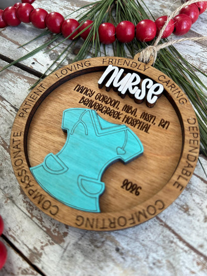 Personalized Nurse and Scrubs Christmas Tree Ornament | Medical Office Nurse Appreciation Gift | RN LPN CNA Nurse Week Present