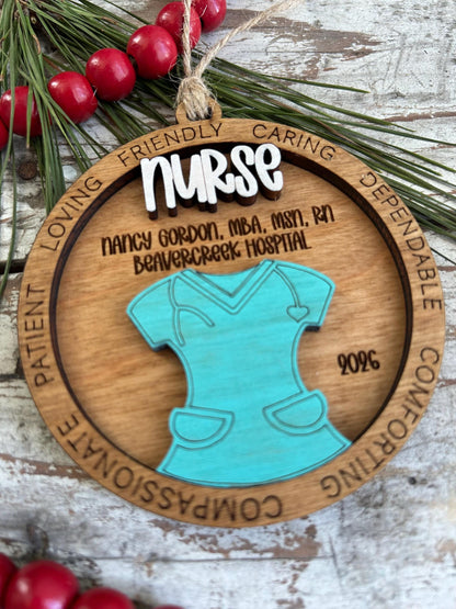 Personalized Nurse and Scrubs Christmas Tree Ornament | Medical Office Nurse Appreciation Gift | RN LPN CNA Nurse Week Present