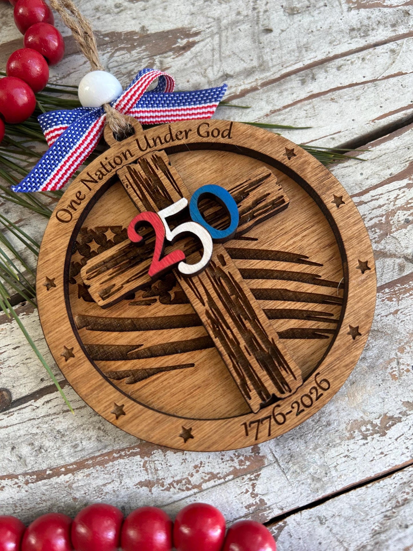 250th Anniversary United States of America Christmas Tree Ornament | USA Keepsake | 1776-2026 commemorative Religious Cross Gift