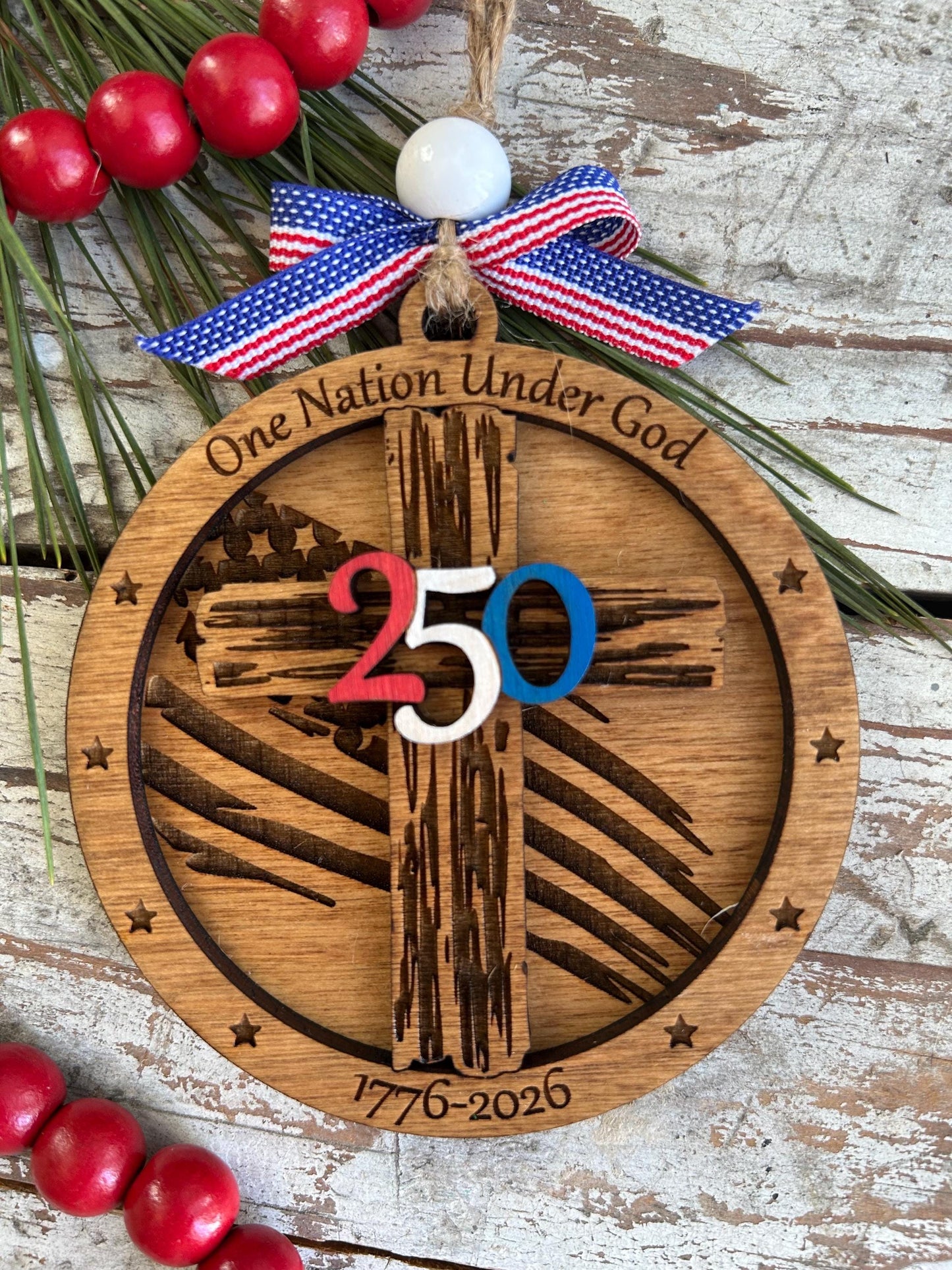 250th Anniversary United States of America Christmas Tree Ornament | USA Keepsake | 1776-2026 commemorative Religious Cross Gift