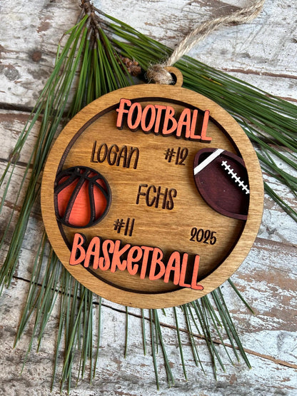 Personalized Basketball Football Player Christmas Tree Ornament | Gift for Multi Sport High School Athlete| Present for Senior in 2 Sports