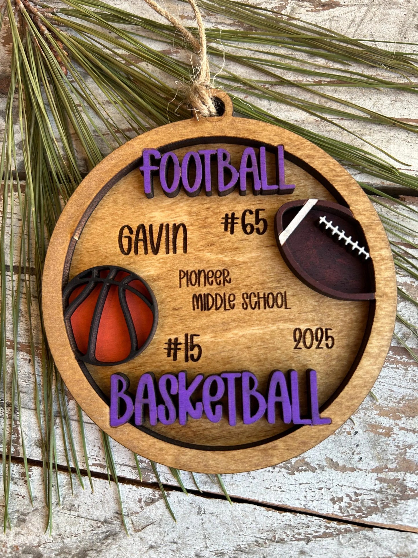 Personalized Basketball Football Player Christmas Tree Ornament | Gift for Multi Sport High School Athlete| Present for Senior in 2 Sports