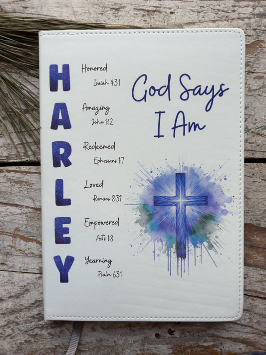 Personalized God Says I Am Bible Verse Name Journal | Christian Religious Notebook for Boy | First Communion Baptism Easter Pastor Gift