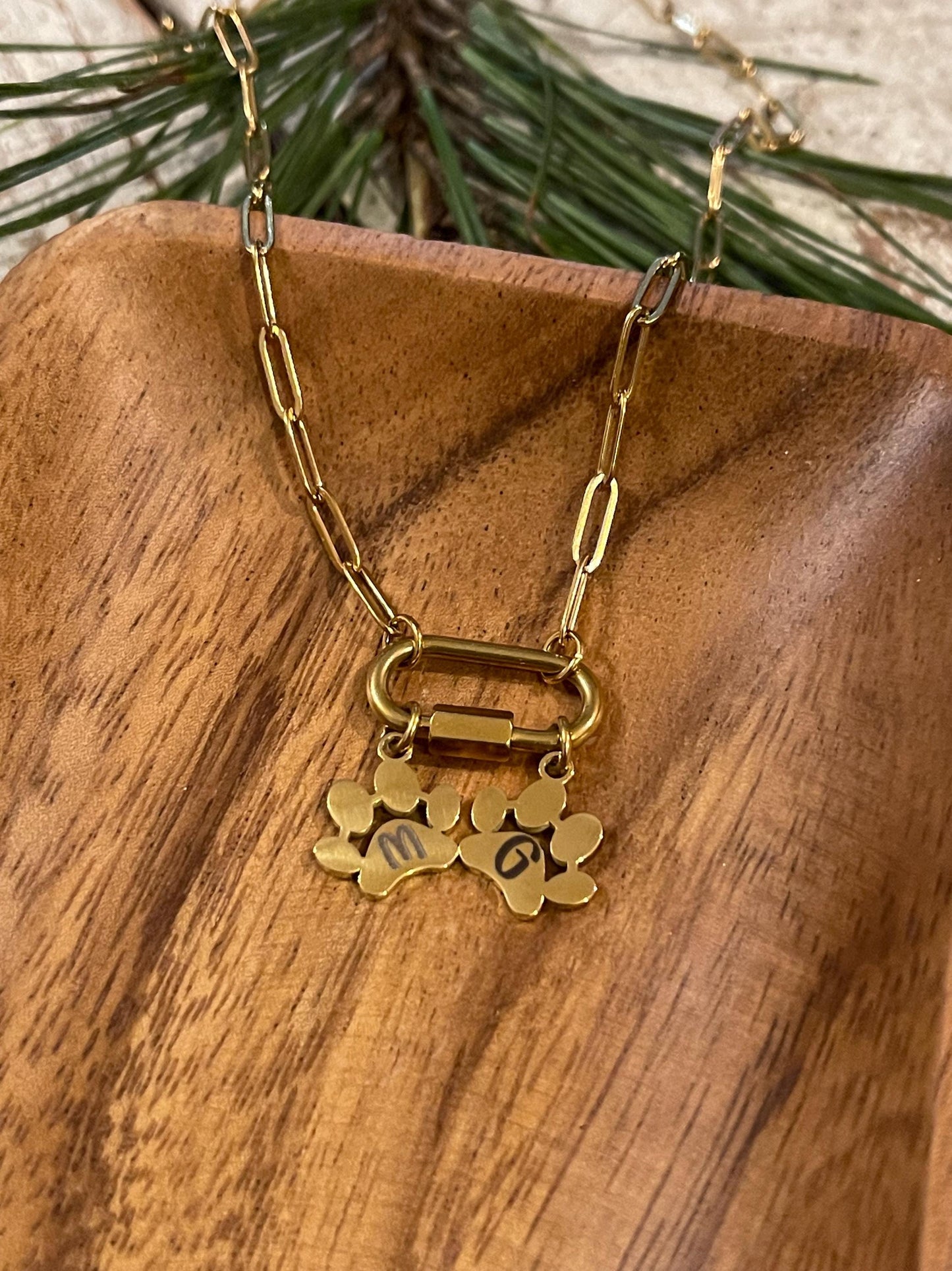Personalized Paw Print Paperclip Carabiner Necklace for Her | Custom Engraved Pet Jewelry | Dog Lover | Gift for Dog Mom
