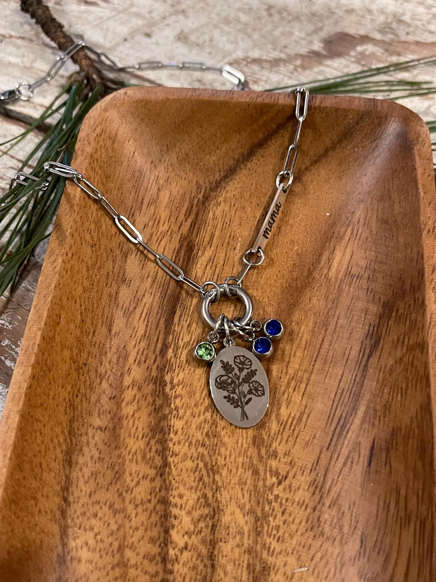 Personalized Birth Month Flower Bouquet Paperclip Charm Necklace with Birthstones | Mothers Day Gift for Mom Grandma Nana Gigi Mamaw Grammy