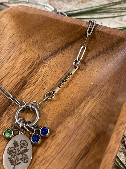 Personalized Birth Month Flower Bouquet Paperclip Charm Necklace with Birthstones | Mothers Day Gift for Mom Grandma Nana Gigi Mamaw Grammy