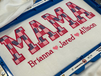 Personalized Mama Embroidered Quilt Sweatshirt with Kids Names | Mothers Day Gift from Son or Daughter | Crew Neck Comfort