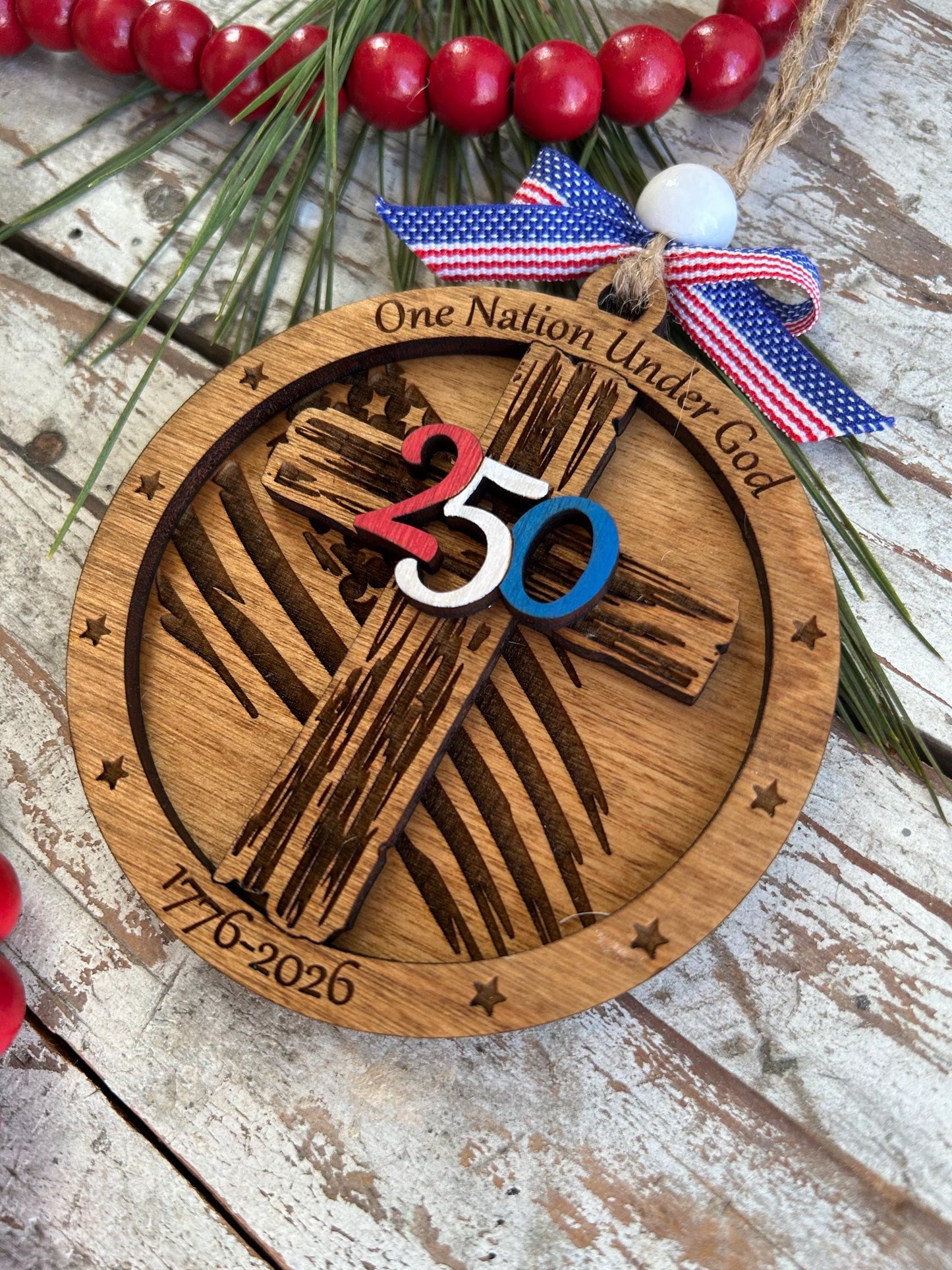 250th Anniversary United States of America Christmas Tree Ornament | USA Keepsake | 1776-2026 commemorative Religious Cross Gift