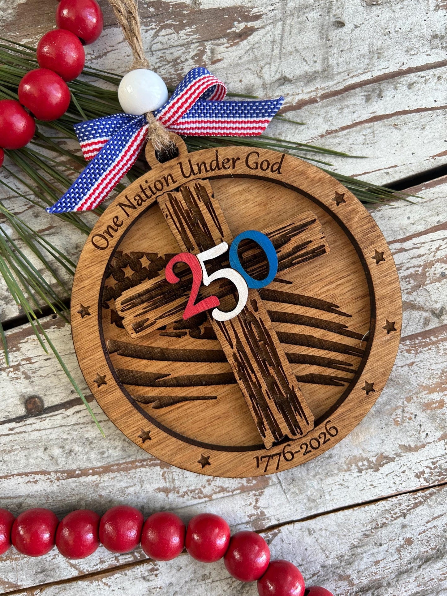 250th Anniversary United States of America Christmas Tree Ornament | USA Keepsake | 1776-2026 commemorative Religious Cross Gift